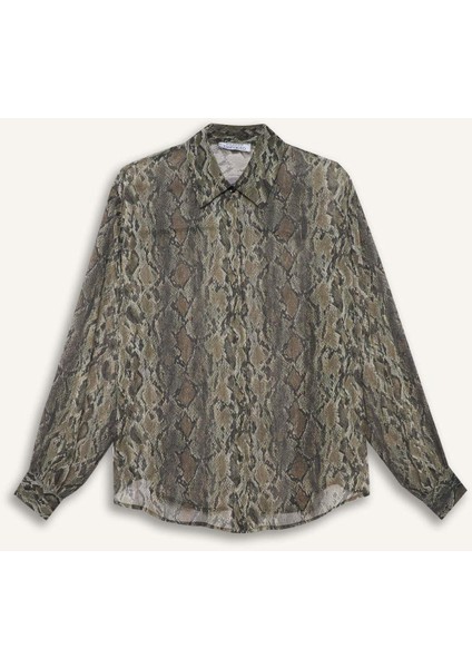 Regular Fit Yılan Derisi Desenli Şifon Uzun Kollu Gömlek