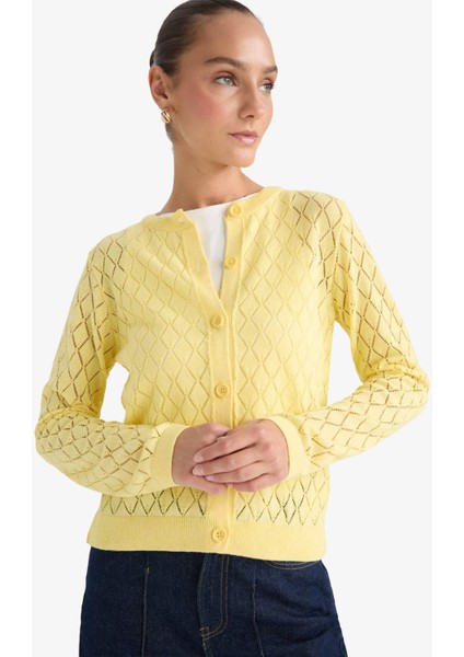 Regular Fit Bisiklet Yaka Ajurlu Düğmeli Triko Hırka G0191AX25AU