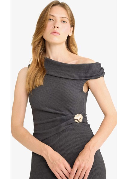 Regular Fit Bürümcük Tek Omuzlu Midi Elbise F9239AX25AU