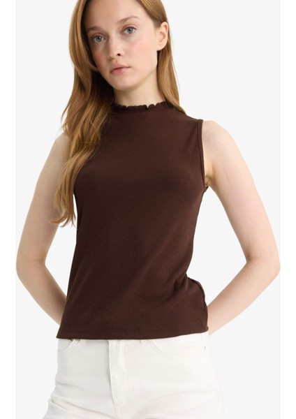 Slim Fit Dar Kesim Yarım Balıkçı Yaka Fitilli Kaşkorse Kolsuz Tunik G0050AX25HS