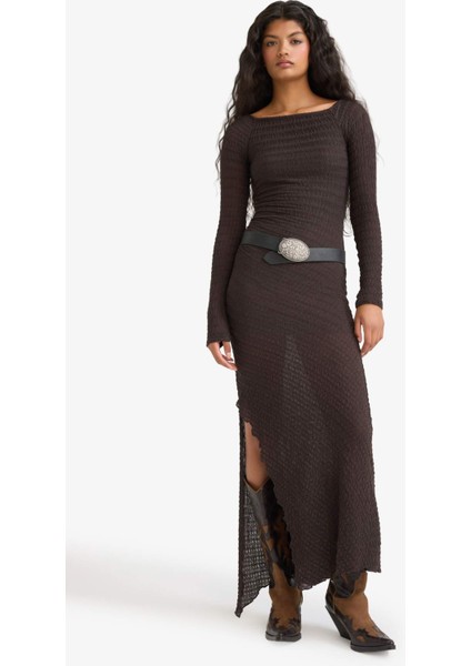 Kayık Yaka Bürümcük Uzun Kollu Maxi Elbise
