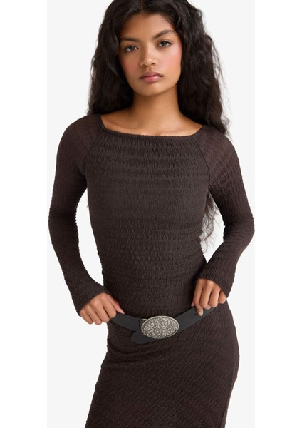 Kayık Yaka Bürümcük Uzun Kollu Maxi Elbise