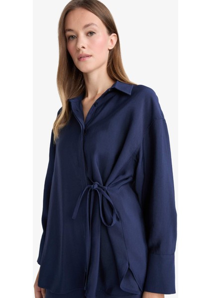 Relax Fit Modal Önden Bağlamalı Uzun Kollu Gömlek Tunik