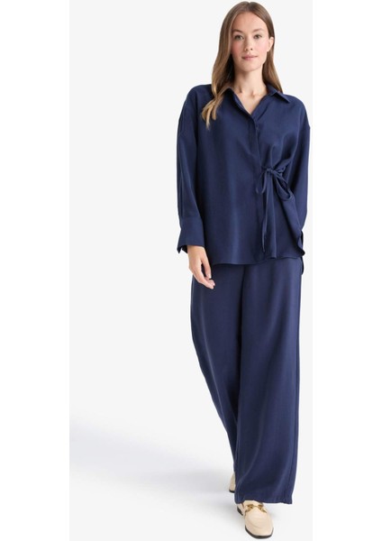 Relax Fit Modal Önden Bağlamalı Uzun Kollu Gömlek Tunik