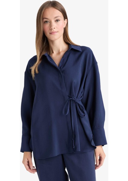 Relax Fit Modal Önden Bağlamalı Uzun Kollu Gömlek Tunik