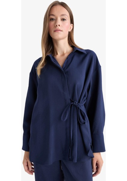 Relax Fit Modal Önden Bağlamalı Uzun Kollu Gömlek Tunik