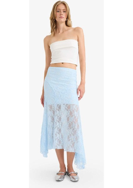 Beli Lastikli Yarım Astar Dantel Midi Etek F8041AX25SM