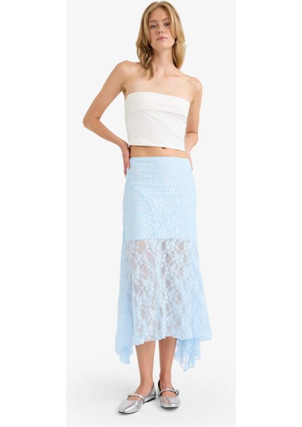 Beli Lastikli Yarım Astar Dantel Midi Etek F8041AX25SM