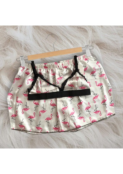 Flemingo Desenli Saten Bralet Şort Pijama Takımı