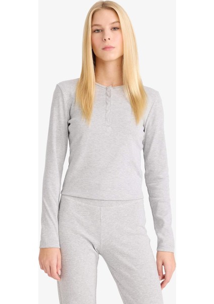 Fitted Düğmeli Yaka Ribana Uzun Kollu Tişört E7680AX25AU