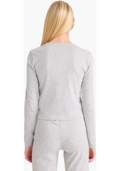 Fitted Düğmeli Yaka Ribana Uzun Kollu Tişört E7680AX25AU