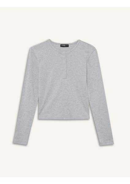 Fitted Düğmeli Yaka Ribana Uzun Kollu Tişört E7680AX25AU