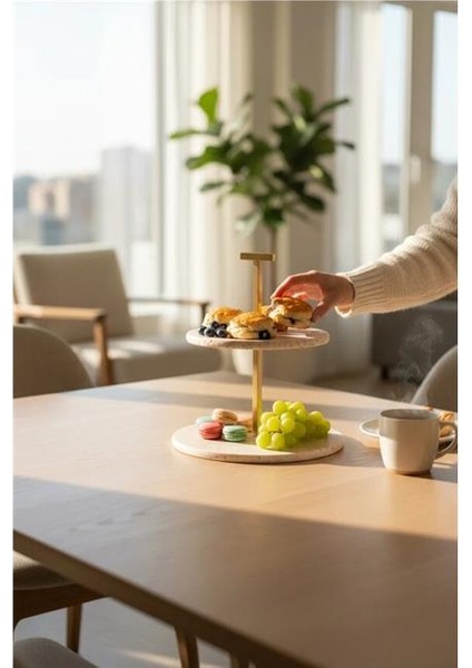 Traverten 25 cm Mat Altın Iki Katlı Sunum Tabağı