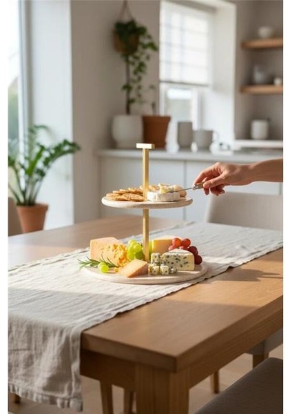 Traverten 25 cm Mat Altın Iki Katlı Sunum Tabağı fiyatları