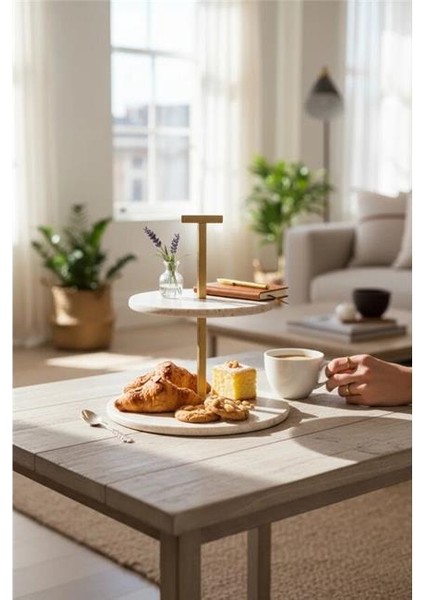 Traverten 25 cm Mat Altın Iki Katlı Sunum Tabağı fırsatları
