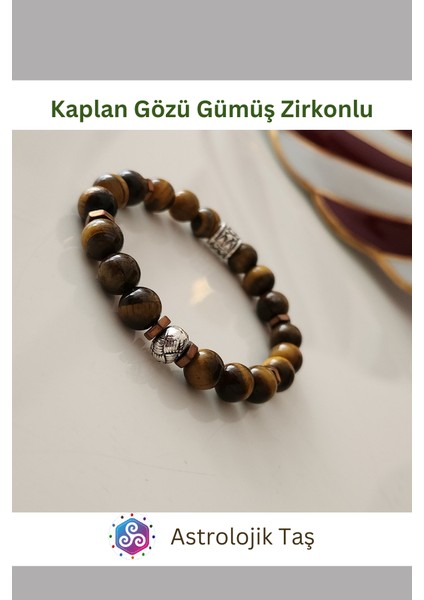 Kaplan Gözü Doğal Taş Bileklik (Gümüş Rengi Yuvarlak Charmlı)
