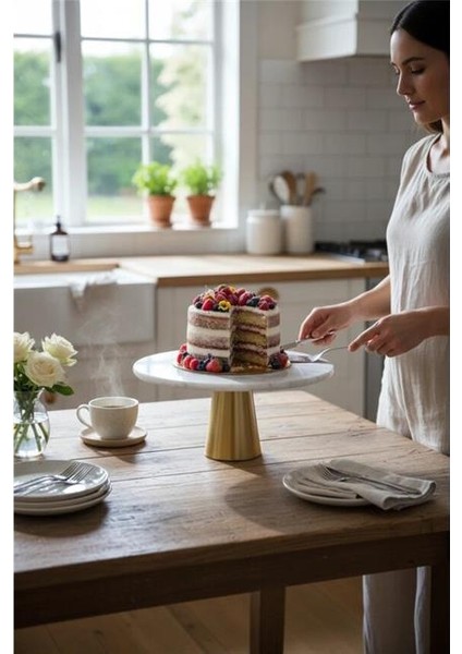 Mermer Beyaz 28 cm Mat Altın Konik Ayak Sunumluk