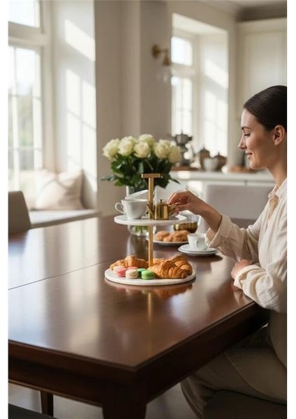 Mermer Beyaz 25 cm Mat Altın Iki Katlı Sunum Tabağı