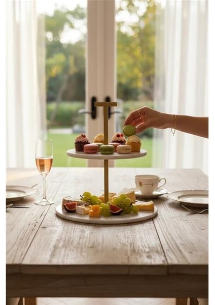 Mermer Beyaz 25 cm Mat Altın Iki Katlı Sunum Tabağı fiyatları