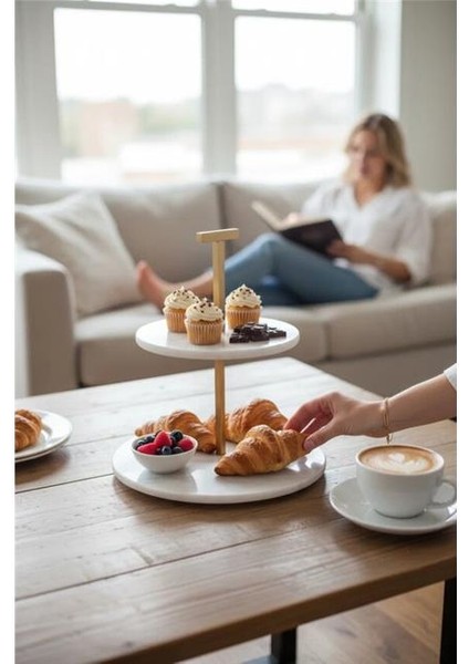 Mermer Beyaz 25 cm Mat Altın Iki Katlı Sunum Tabağı modelleri