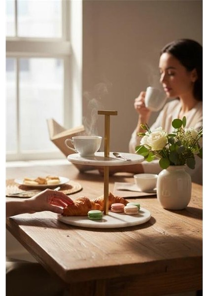 Mermer Beyaz 25 cm Mat Altın Iki Katlı Sunum Tabağı fırsatları