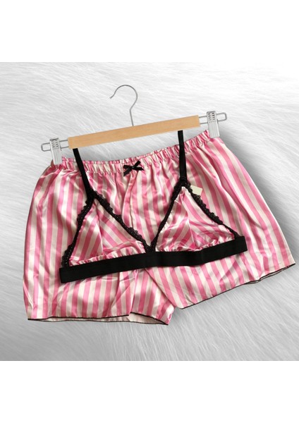 Pembe Çizgili Saten Bralet Şort Pijama Takımı