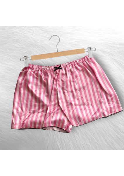 Pembe Çizgili Saten Bralet Şort Pijama Takımı modelleri