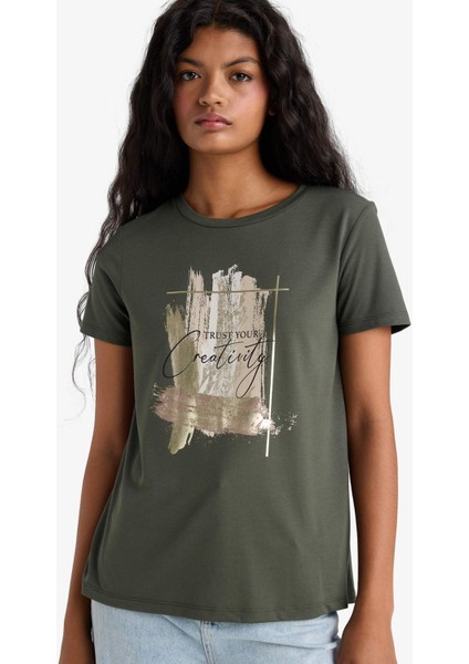 Relax Fit Bisiklet Yaka Baskılı Kısa Kollu Tişört