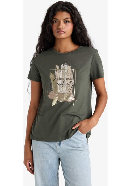 Relax Fit Bisiklet Yaka Baskılı Kısa Kollu Tişört