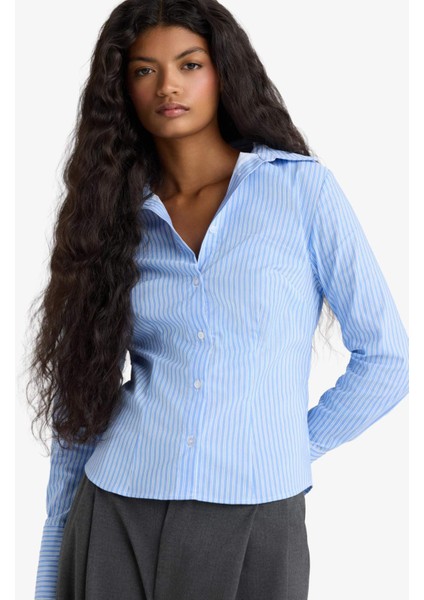 Fitted Çizgili Bengalin Uzun Kollu Gömlek G0224AX25AU