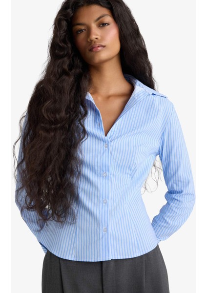 Fitted Çizgili Bengalin Uzun Kollu Gömlek G0224AX25AU