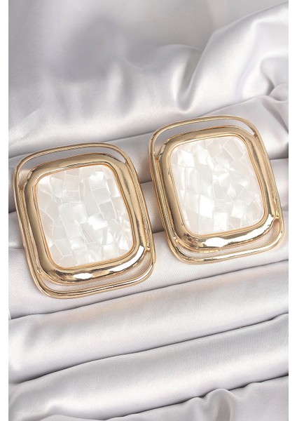 Bfs Pirinç Gold Renk Beyaz Mineli Kare Model Kadın Küpe