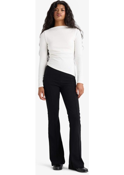 Flare Fit Yüksek Bel İspanyol Paça Uzun Krep Pantolon