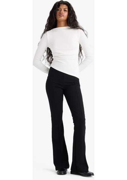 Flare Fit Yüksek Bel İspanyol Paça Uzun Krep Pantolon