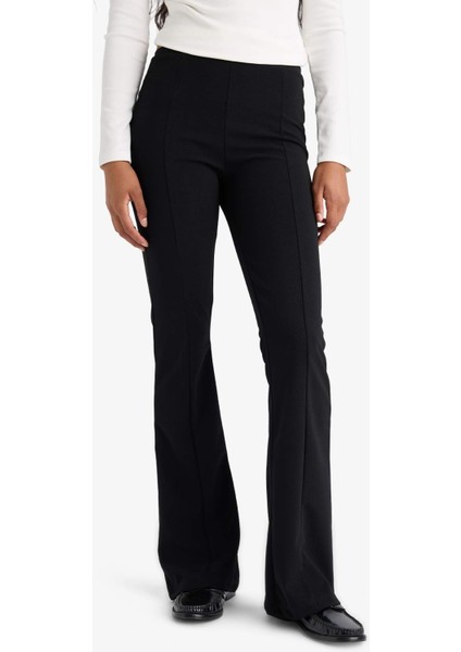 Flare Fit Yüksek Bel İspanyol Paça Uzun Krep Pantolon