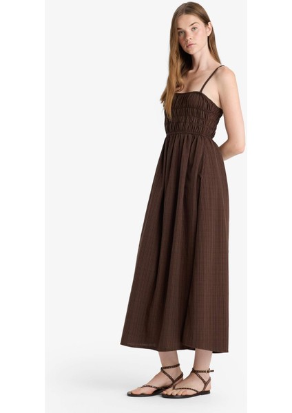 Keten Görünümlü Askılı Maxi Elbise
