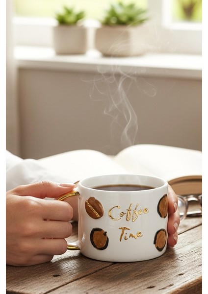 24K Altın Süslemeli Kahve Zamanı - Coffee Timetemalı El Yapımı Seramik Mug