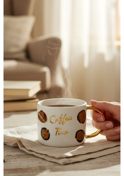 24K Altın Süslemeli Kahve Zamanı - Coffee Timetemalı El Yapımı Seramik Mug modelleri
