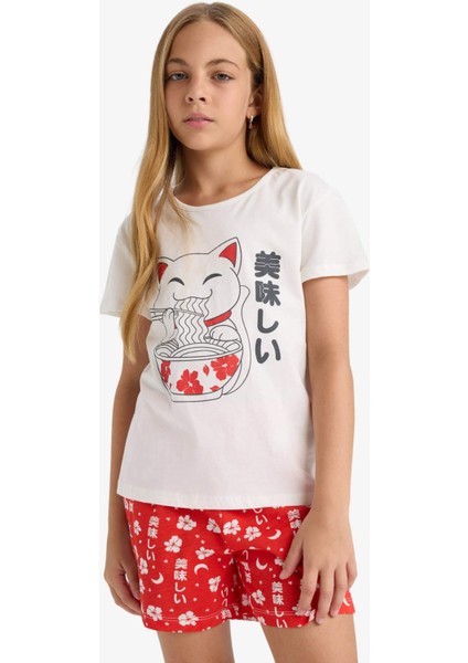 Kız Çocuk Pijama Takımı Baskılı Kısa Kollu Tişört Desenli Şort G0922A825HS