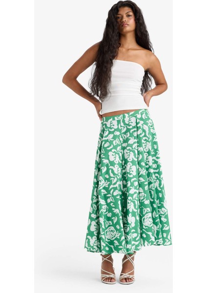 A Kesim Çiçek Desenli Normal Bel Keten Görünümlü Maxi Etek