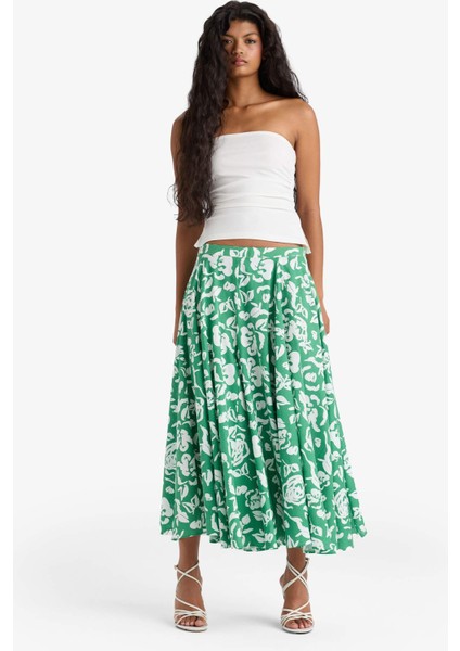 A Kesim Çiçek Desenli Normal Bel Keten Görünümlü Maxi Etek