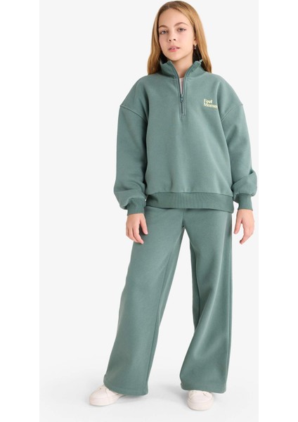 Kız Çocuk 2'li Takım Baskılı Yarım Fermuarlı Sweatshirt Geniş Paça Eşofman Altı