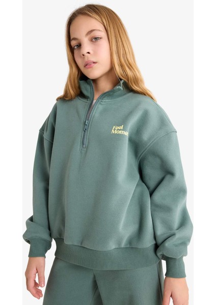 Kız Çocuk 2'li Takım Baskılı Yarım Fermuarlı Sweatshirt Geniş Paça Eşofman Altı