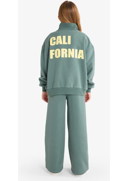 Kız Çocuk 2'li Takım Baskılı Yarım Fermuarlı Sweatshirt Geniş Paça Eşofman Altı