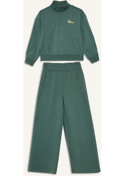 Kız Çocuk 2'li Takım Baskılı Yarım Fermuarlı Sweatshirt Geniş Paça Eşofman Altı