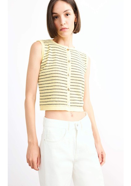 Bisiklet Yaka Çizgili Düğmeli Triko Yelek