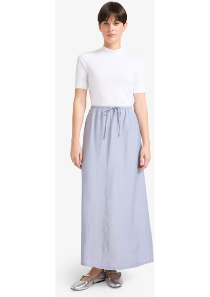 Relax Fit Beli Lastikli Krinkıl Kumaş Midi Etek