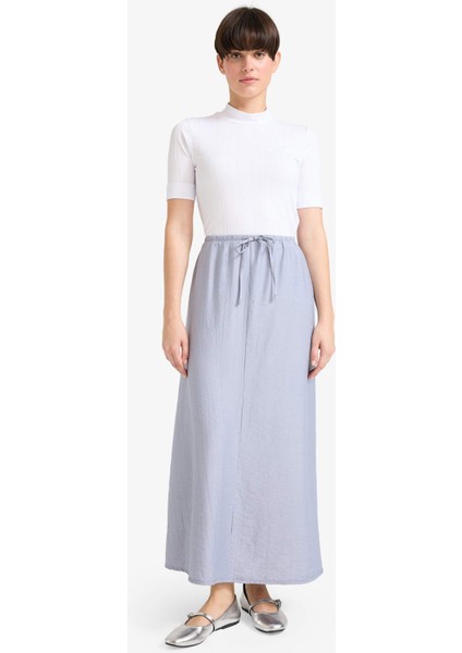 Relax Fit Beli Lastikli Krinkıl Kumaş Midi Etek