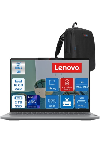Ideapad Pro 5 Intel Ultra 5 125H 16GB 2tb SSD Arc Graphi 14" 2.8k (2880X1800) OLED 400NITS 120hz Freedos Taşınabilir Bilgisayar 83D2005ATRF03 + Zettaçanta