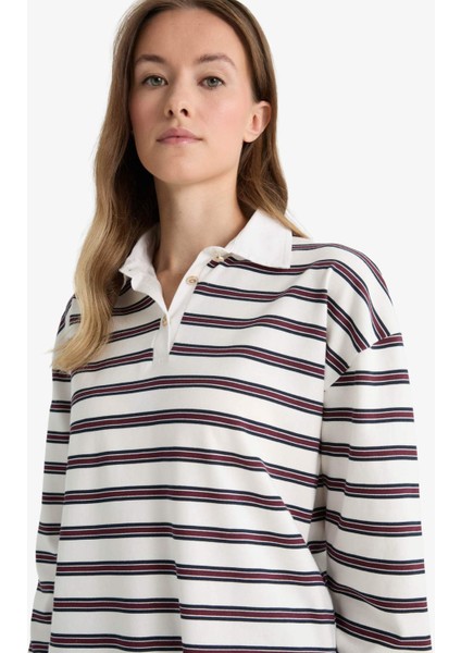 Regular Fit Polo Yaka Çizgili Uzun Kollu Tunik